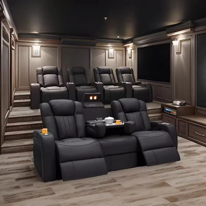 Home Cinema Chairs - ชุดโซฟาหนังปรับเอนนอนได้ โซฟาโฮมเธียเตอร์ปรับเอนนอนได้ด้วยระบบไฟฟ้า เก้าอี้ปรับเอนนอนแบบโรงภาพยนตร์ สีดำ หนังแท้